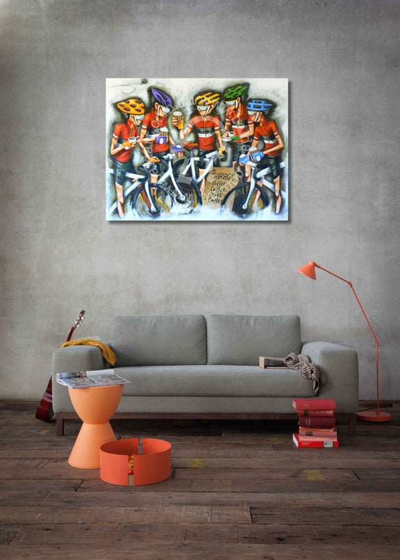 Living room with a gray sofa, orange coffee table, and colorful painting of cyclists on the wall.