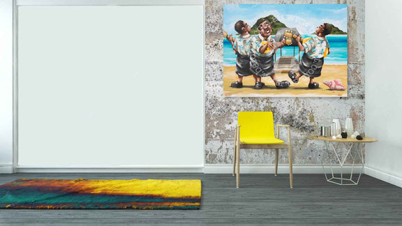 Room interior with a colorful rug, yellow chair, and wall art of three people by the sea.