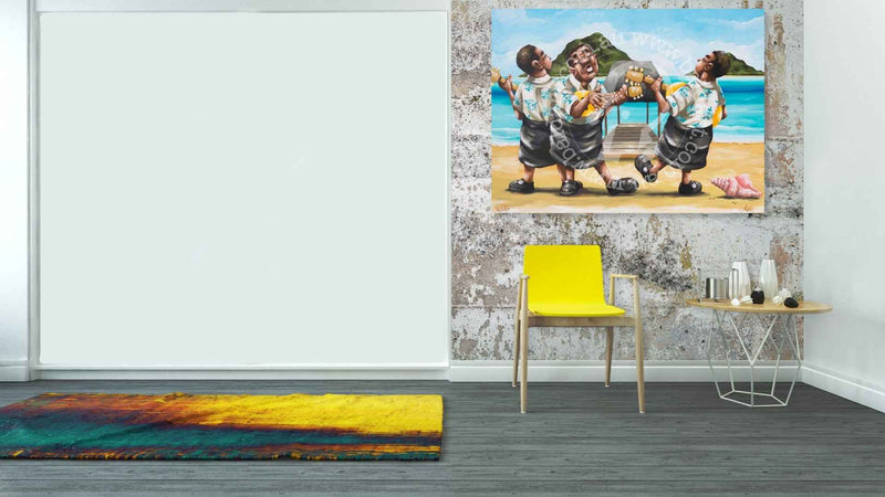 Room interior with a colorful rug, yellow chair, and wall art of three people by the sea.