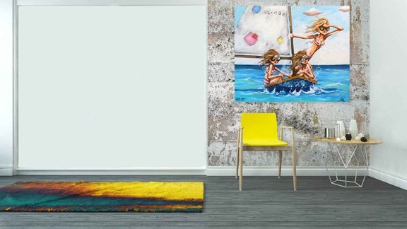 Room interior with a painting of two women in swimsuits by a pool, a yellow chair, and a colorful rug.