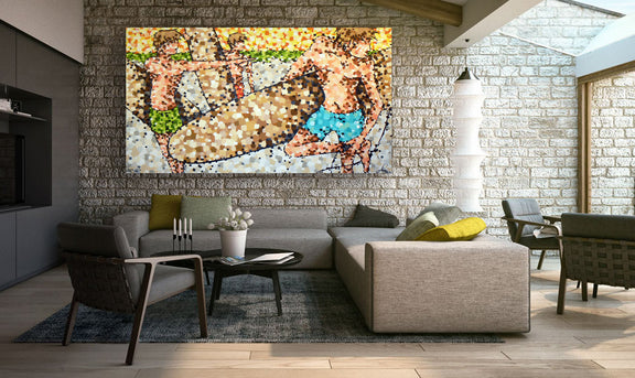 Two men balance on a surfboard in a colorful painting, showcasing their excitement as they ride the waves.