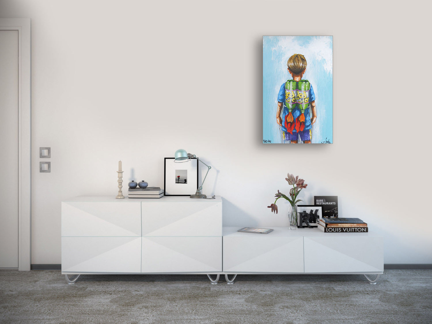 An intricate portrait painting on the wall, depicting a woman in a vintage dress with a soft expression.