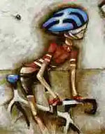 Illustration of a person riding a donkey with a blue hat and brown outfit.