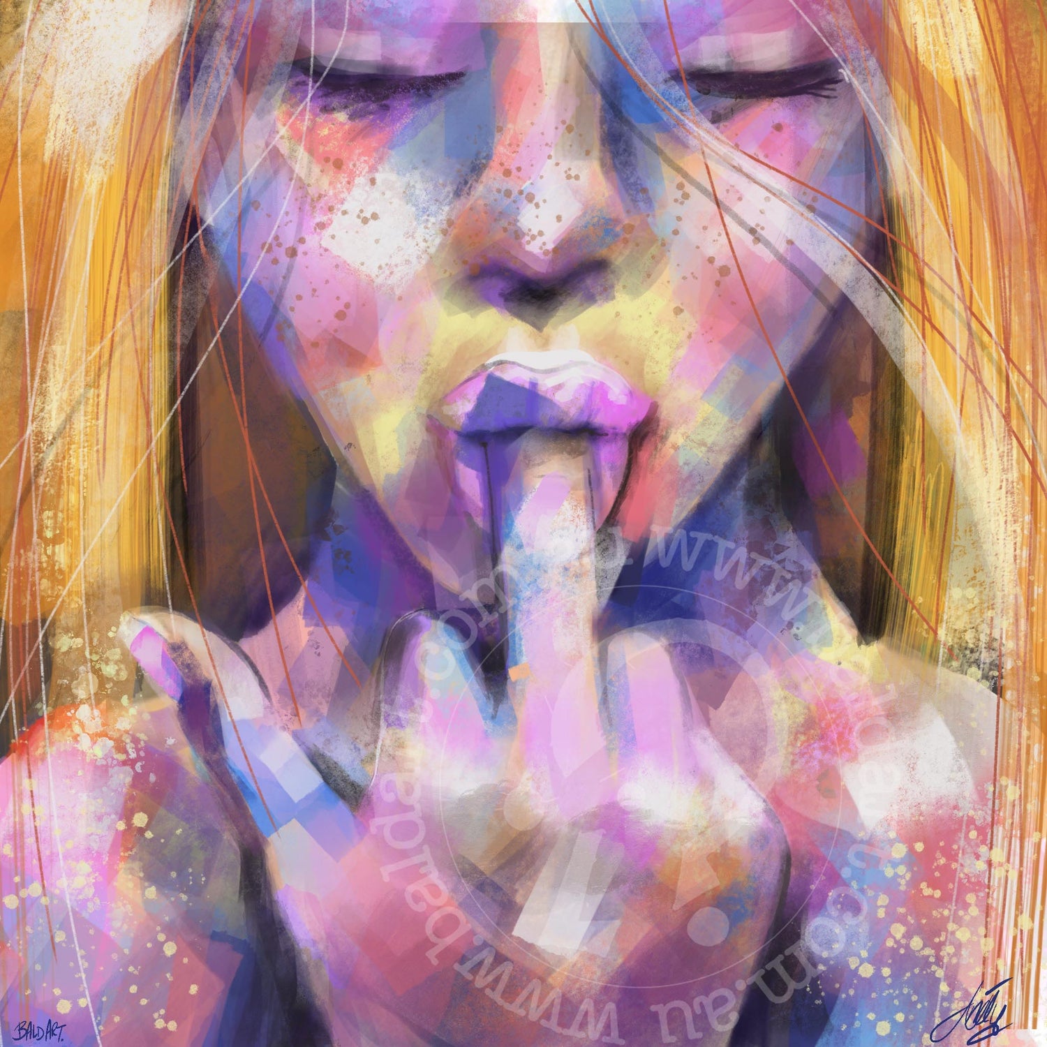  A woman in a painting, thoughtfully placing her finger in her mouth, suggesting introspection or hesitation.