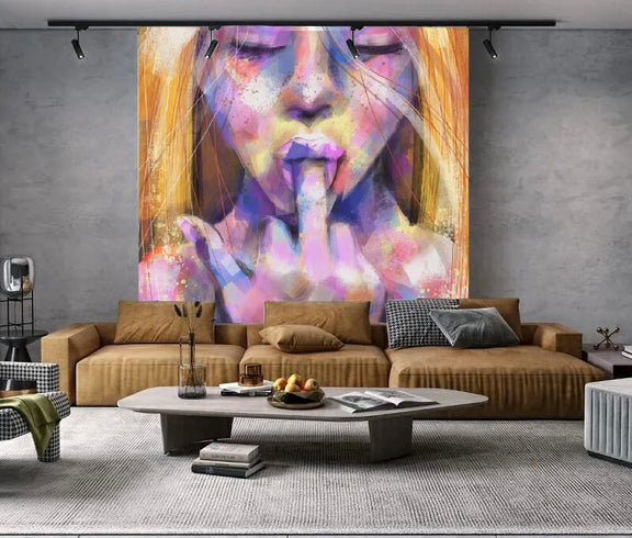 This image features a striking canvas print titled "Sticky Fingers," which is part of the Contemporary series by Andy Baker and The Bald Art Company. The artwork displays a vibrant and abstract portrait of a female figure, rendered in a bold and expressive style with rich, contrasting colors that pop against the wall.