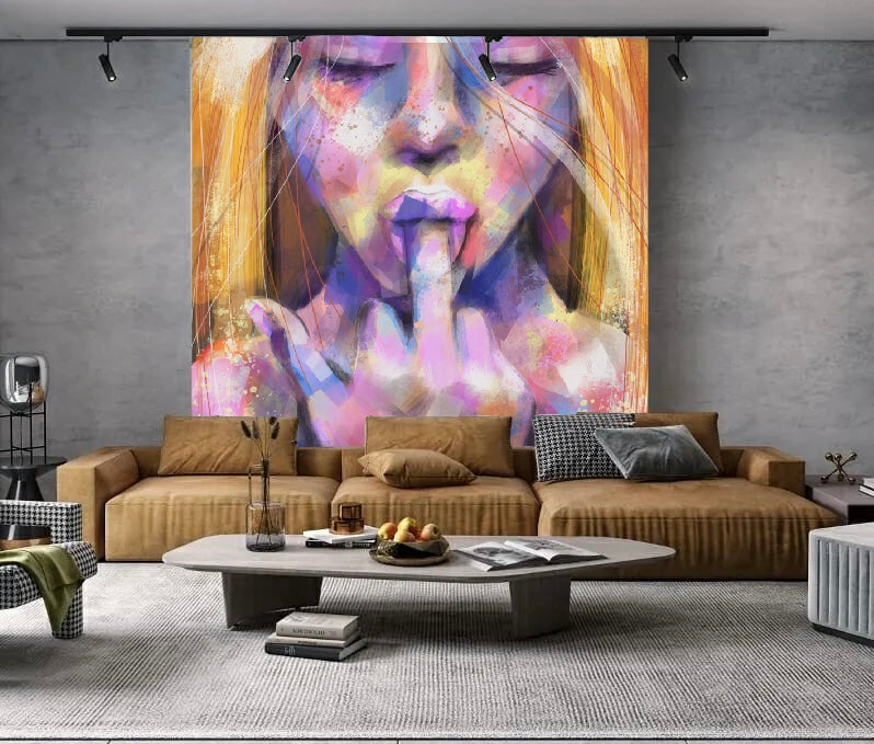 This image features a striking canvas print titled "Sticky Fingers," which is part of the Contemporary series by Andy Baker and The Bald Art Company. The artwork displays a vibrant and abstract portrait of a female figure, rendered in a bold and expressive style with rich, contrasting colors that pop against the wall.