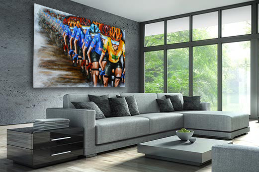 Modern living room with contemporary cycling wall art by Bald Art, featuring a line of racing cyclists in colorful jerseys from The Cycle Series.