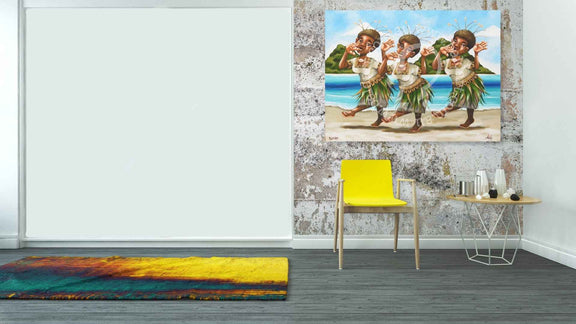 Room interior with a colorful painting of children in hula outfits, a yellow chair, and a small table.