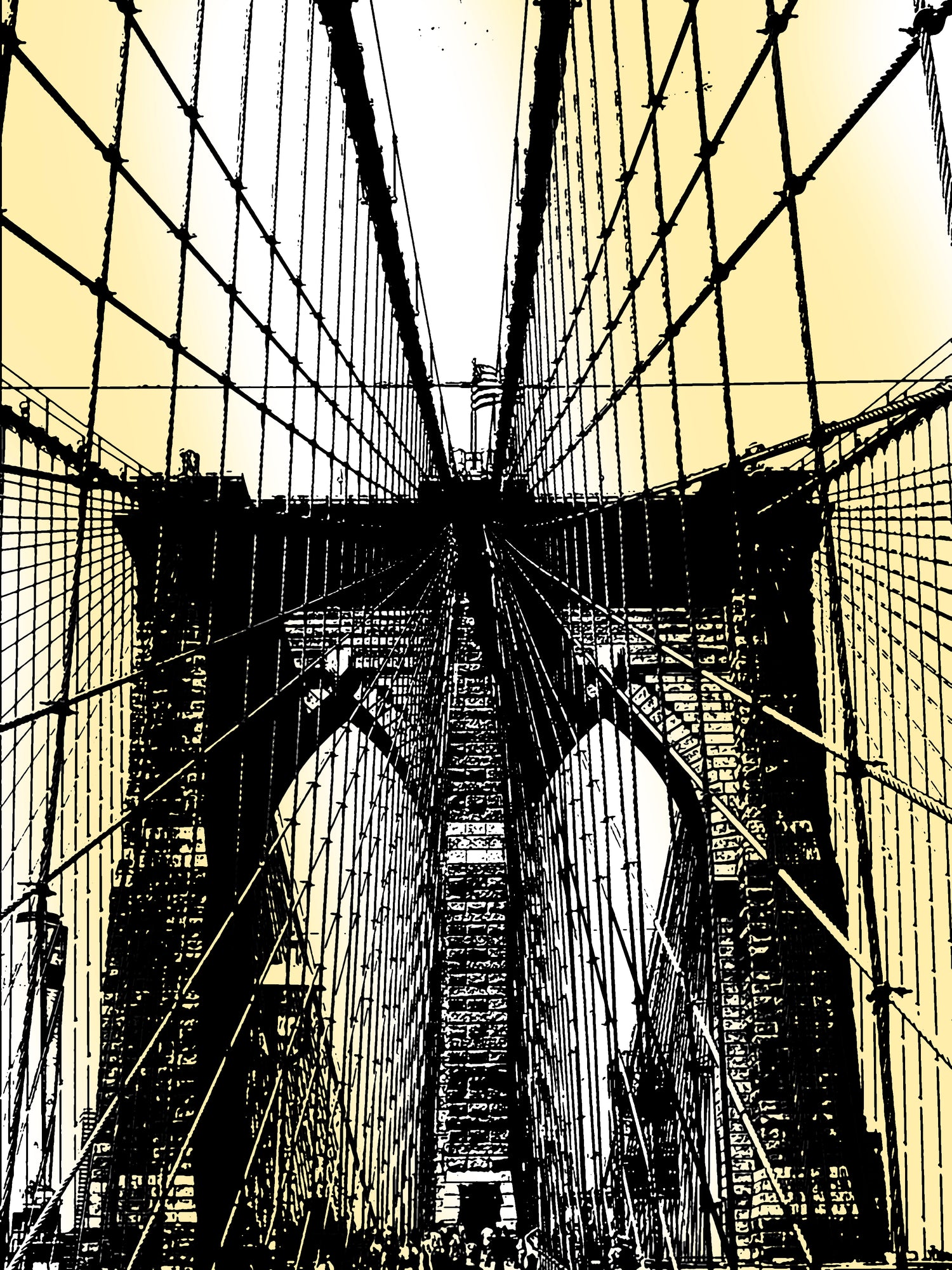 Black and white illustration of a suspension bridge