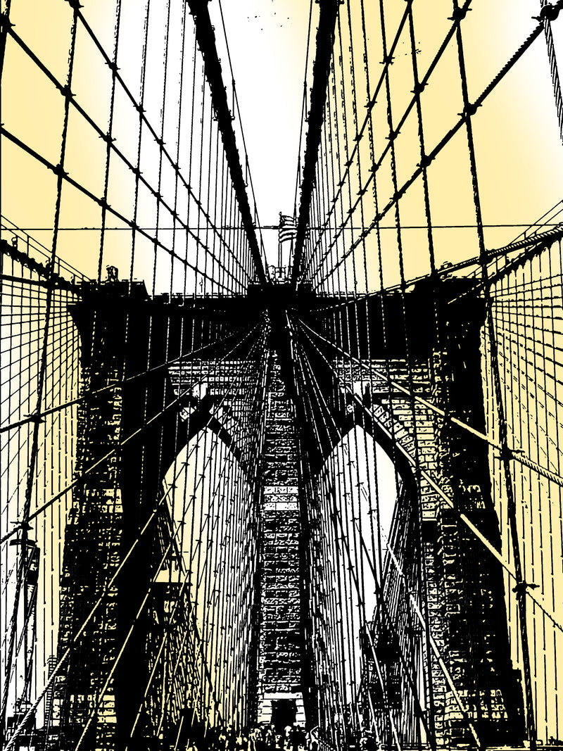Black and white illustration of a suspension bridge