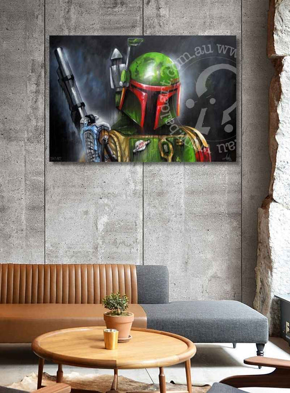 Famous character painting on a wall above a modern living room setup with a couch and coffee table.
