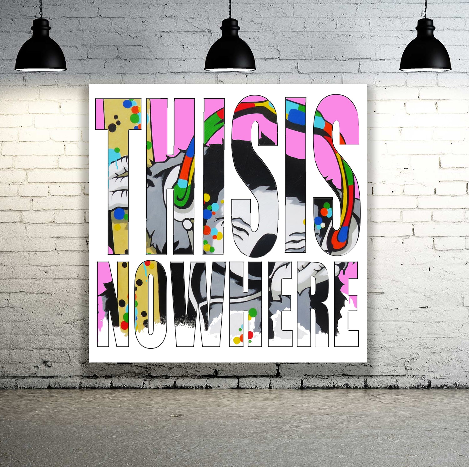 Brightly colored poster displaying the words "this is nowhere" in an artistic font, set against a dynamic backdrop.