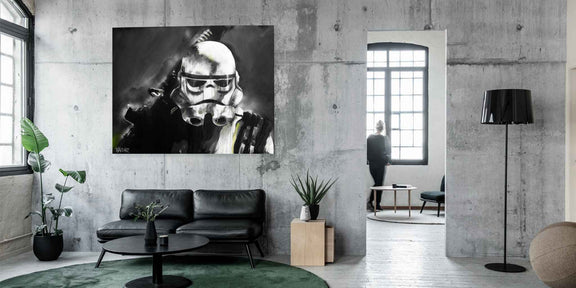 Modern living room with a large stormtrooper painting on the wall.
