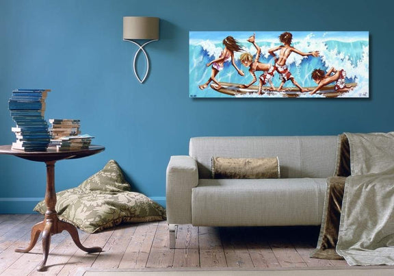 Living room with a gray sofa, wooden table, and a colorful painting of people on a raft.