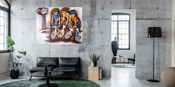 Modern living room with a large abstract painting on the wall.