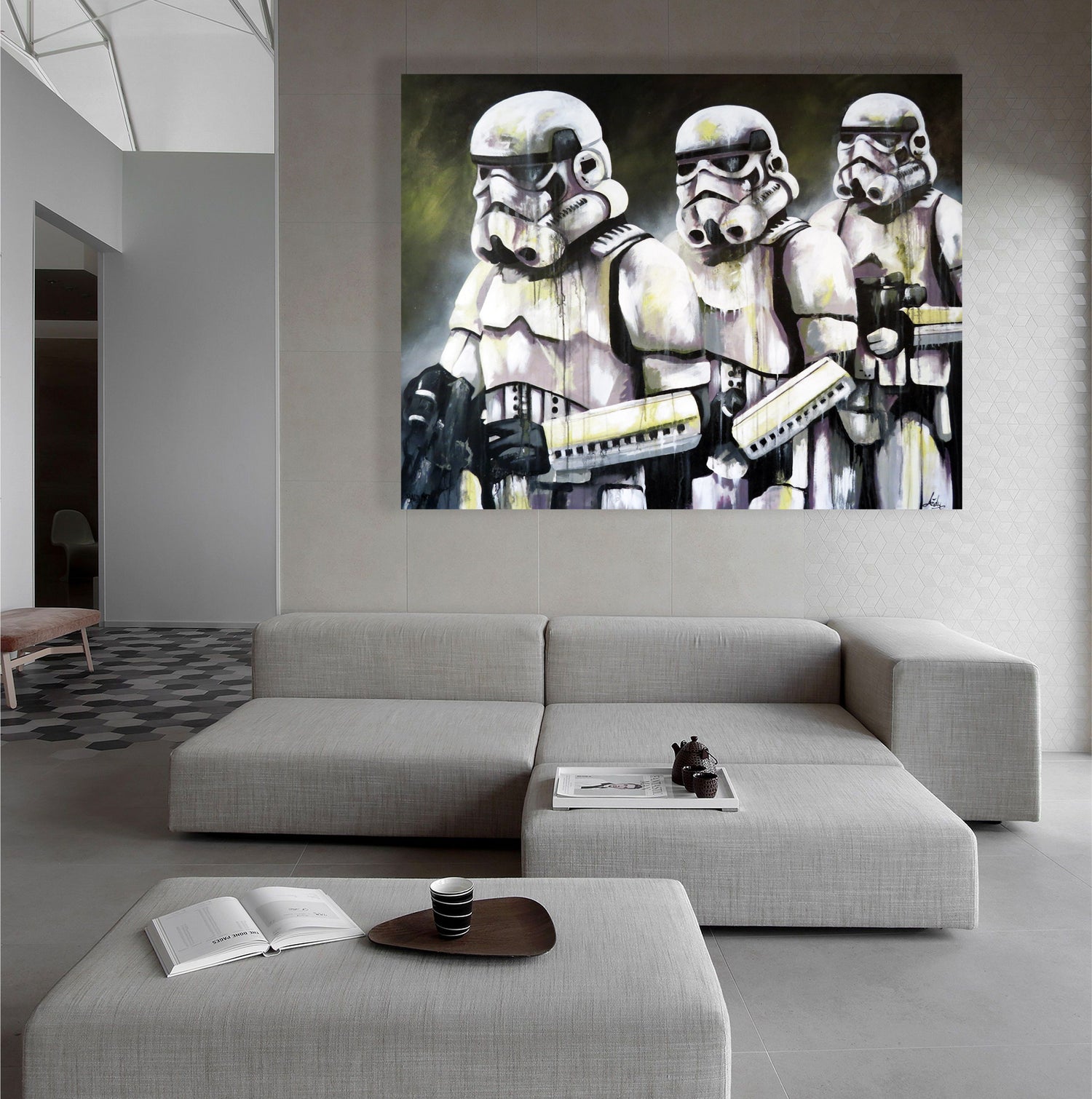 Living room featuring a striking painting of Star Wars stormtroopers, blending pop culture with home decor.