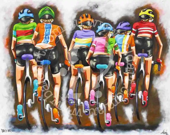 Artistic depiction of cyclists in colorful jerseys on a track