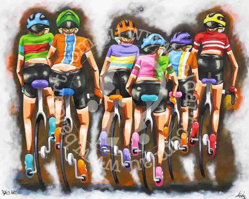 Artistic depiction of cyclists in colorful jerseys on a track