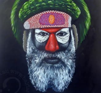 Artistic depiction of a figure with colorful headgear and face paint on a dark background