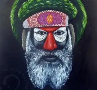A striking abstract canvas portrait of a powerful warrior with a large white beard, a red nose, black-painted skin around the eyes, a decorated headband, and a textured, green, fur-like hat on a dark background.