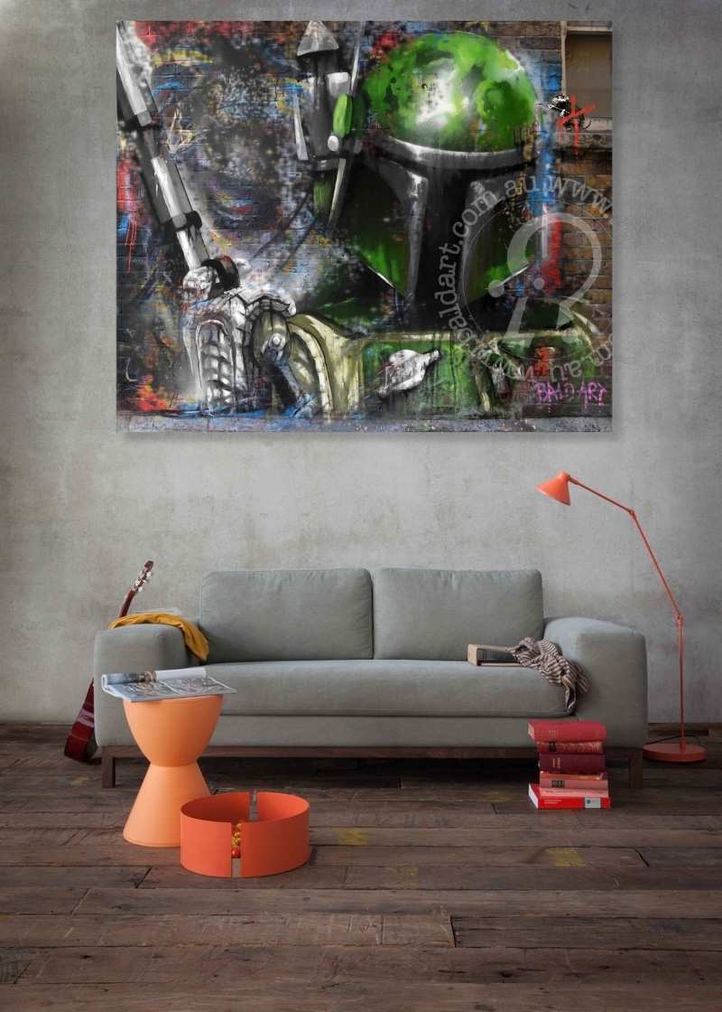 Living room with a large abstract painting on the wall, gray sofa, and orange coffee table.