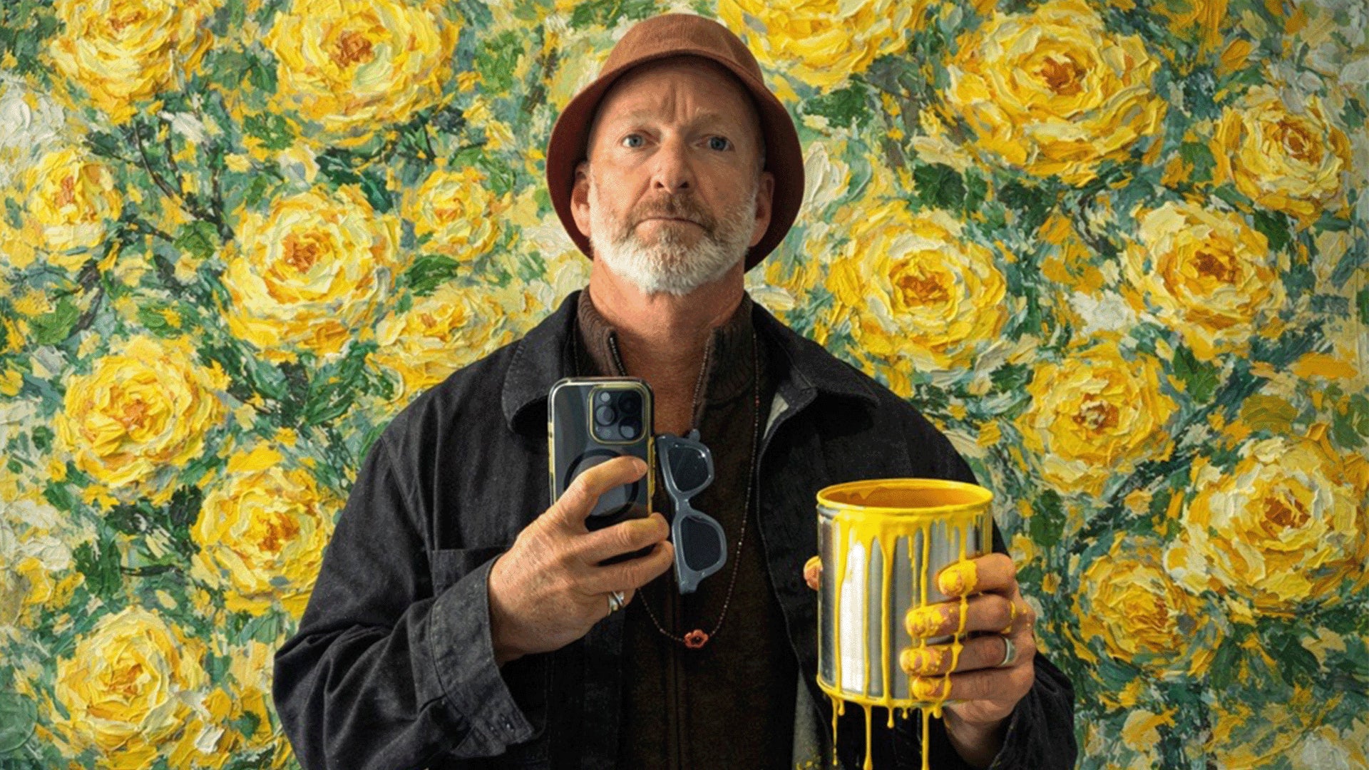 Man holding a phone and a cup with a yellow flower pattern against a floral background