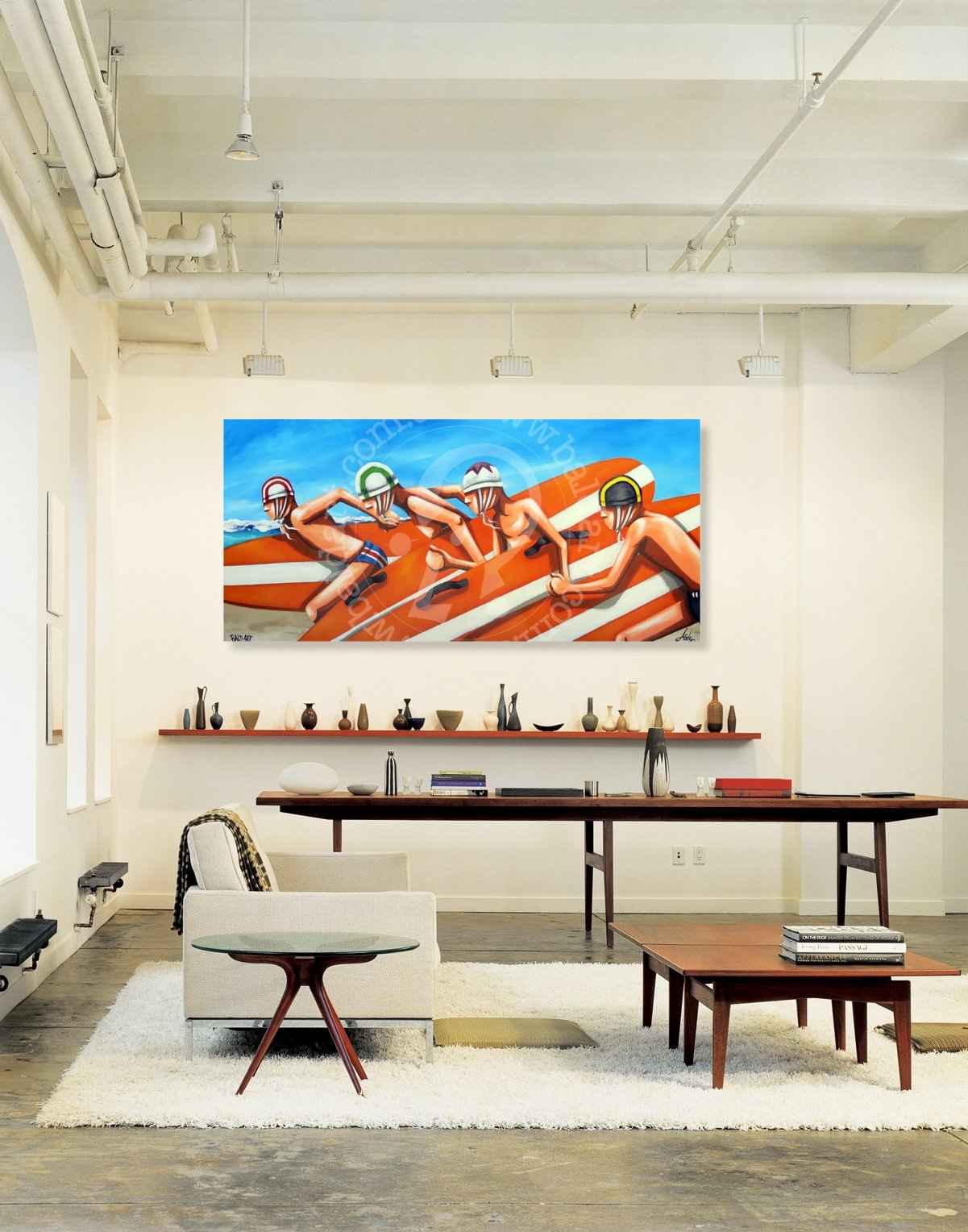 Modern living room with a large painting of people on an orange surfboard.