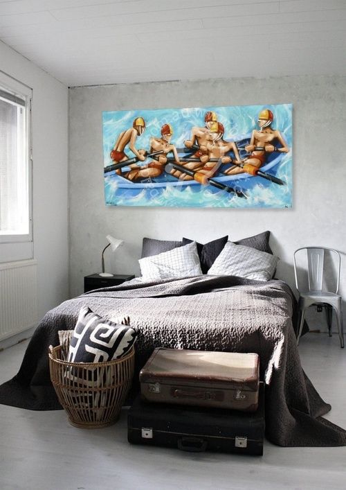 Bedroom with a painting of people on a raft above the bed