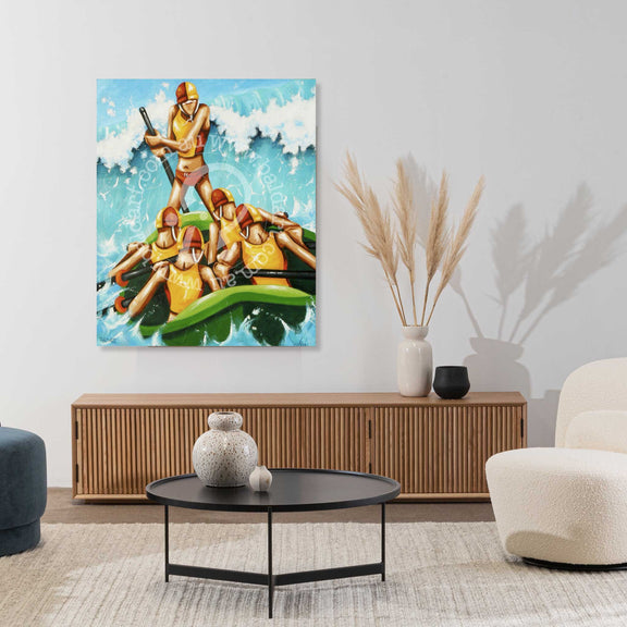 Colorful painting of a group of people on a raft with a person holding a gun, displayed in a modern living room.