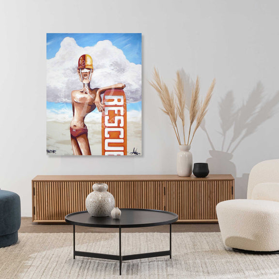 Modern living room with a large abstract painting on the wall, a wooden sideboard, and decorative items.