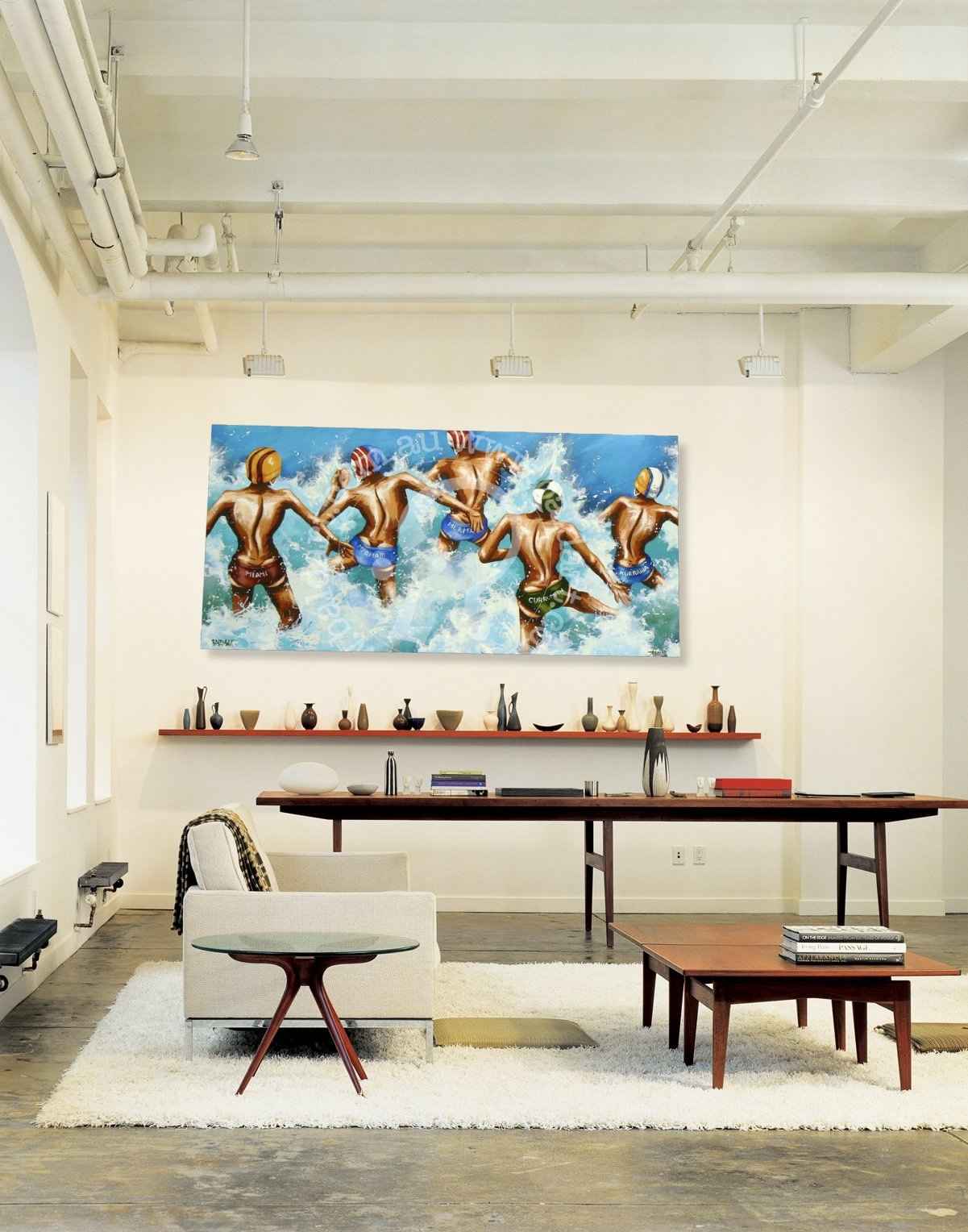 Modern living room with a large abstract painting on the wall