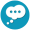Blue speech bubble icon with a thought bubble inside on a white background.