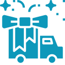 Blue icon of a truck with a bow on top, resembling a package delivery service logo.