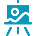 Blue icon of an easel with a canvas on a white background