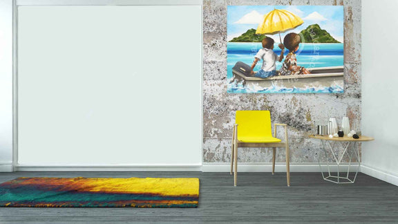 Room interior with a colorful painting of two children on a beach, a yellow chair, and a small table.