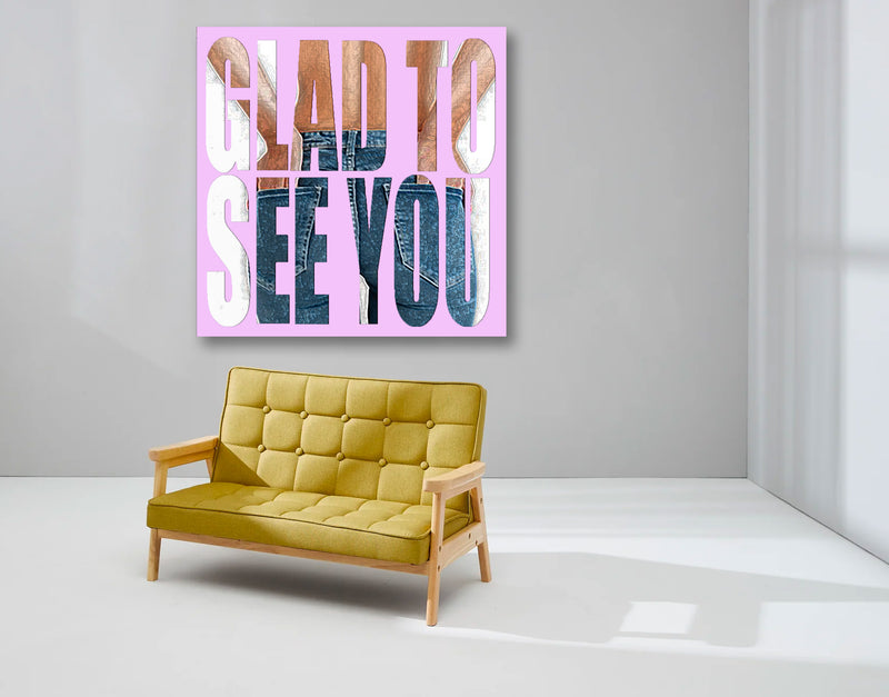 A yellow couch positioned next to an artwork with a pink and purple color scheme in an abstract style.