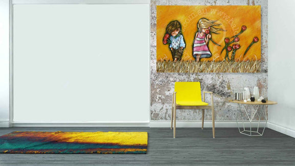 Room interior with a colorful painting of two children and flowers on a wall, a yellow chair, and a small table.