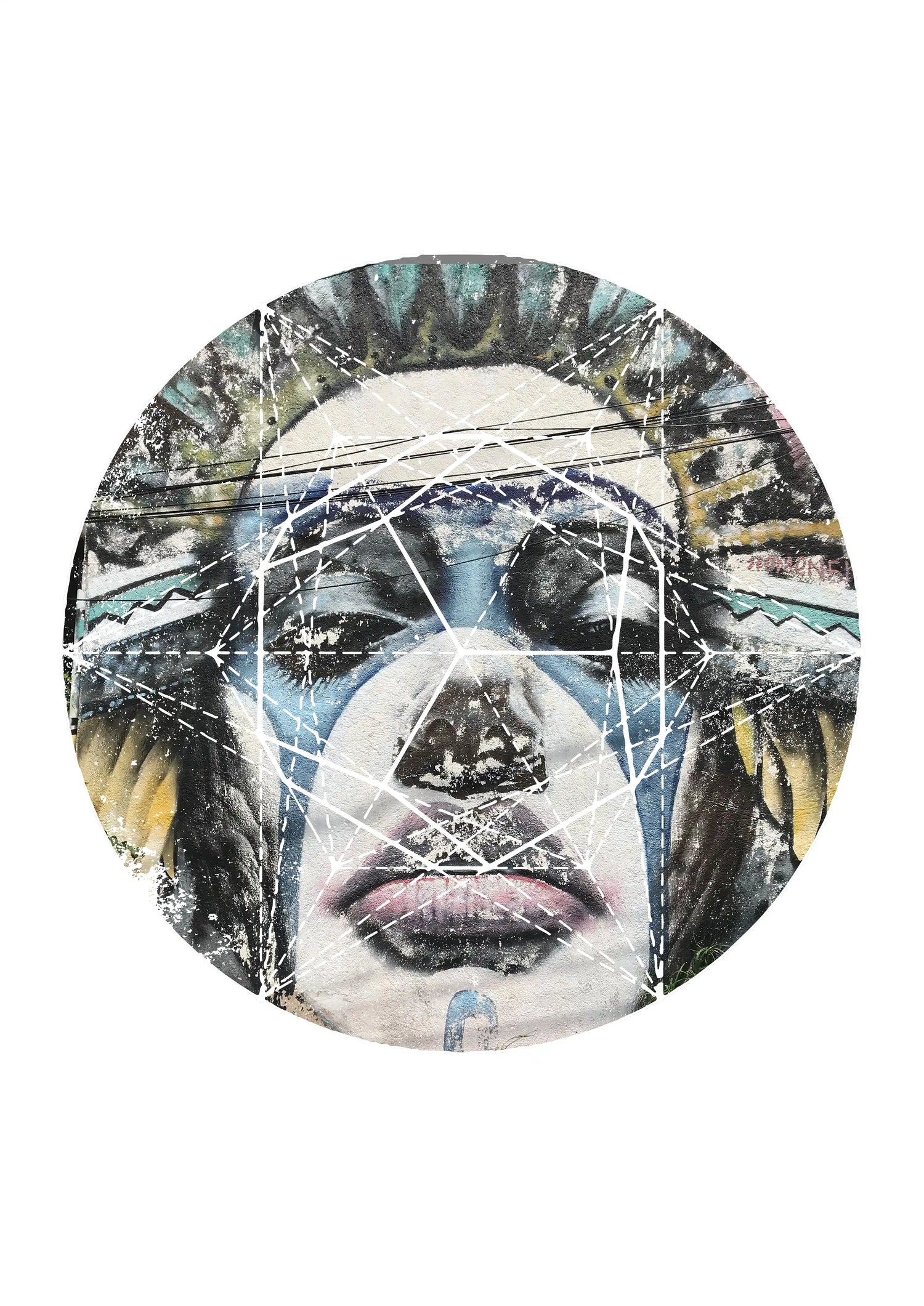 Circular artwork with a stylized face and geometric patterns on a white background