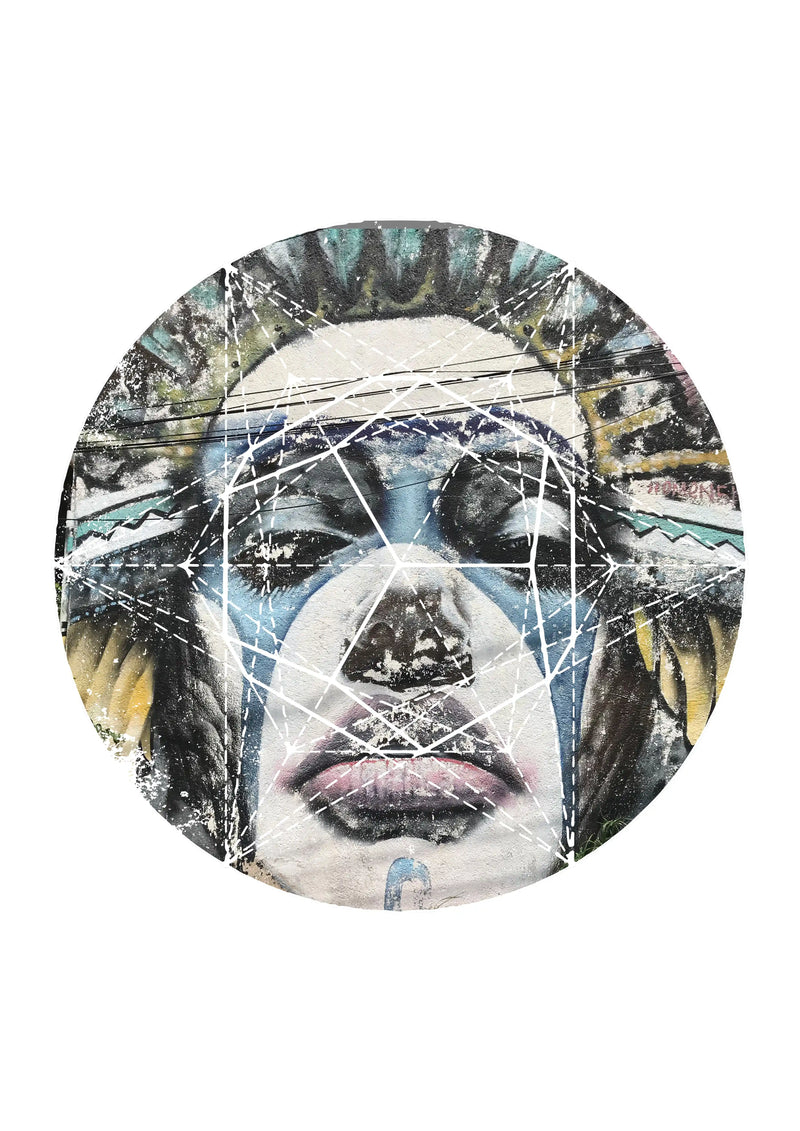 Circular artwork with a stylized face and geometric patterns on a white background