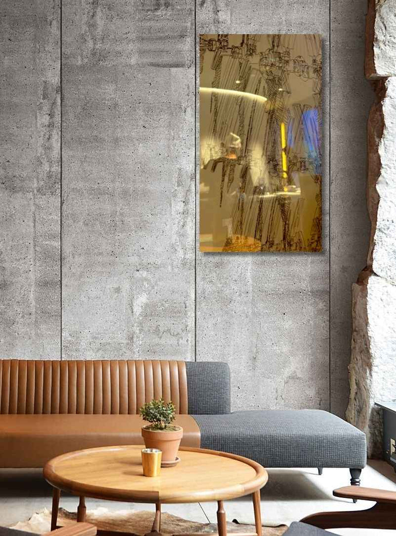 Modern living room with abstract painting, wooden coffee table, and gray sofa.