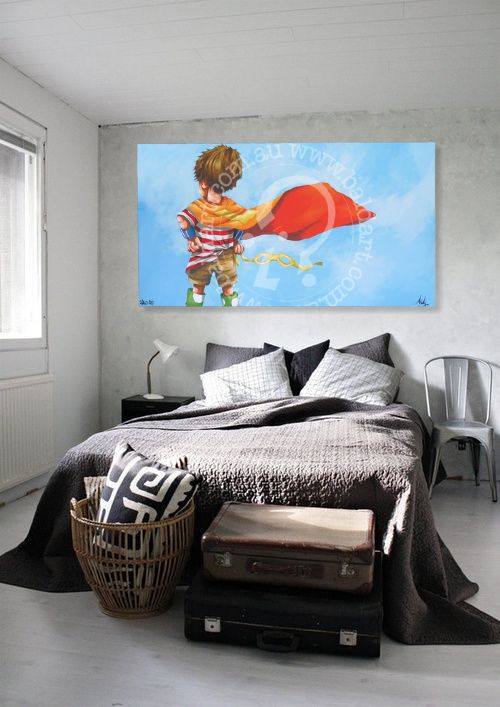 Bedroom with a colorful painting of a child holding a red balloon on the wall.
