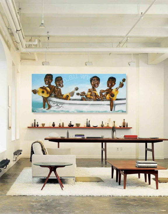 Modern interior with a large painting of children playing instruments on a wall.