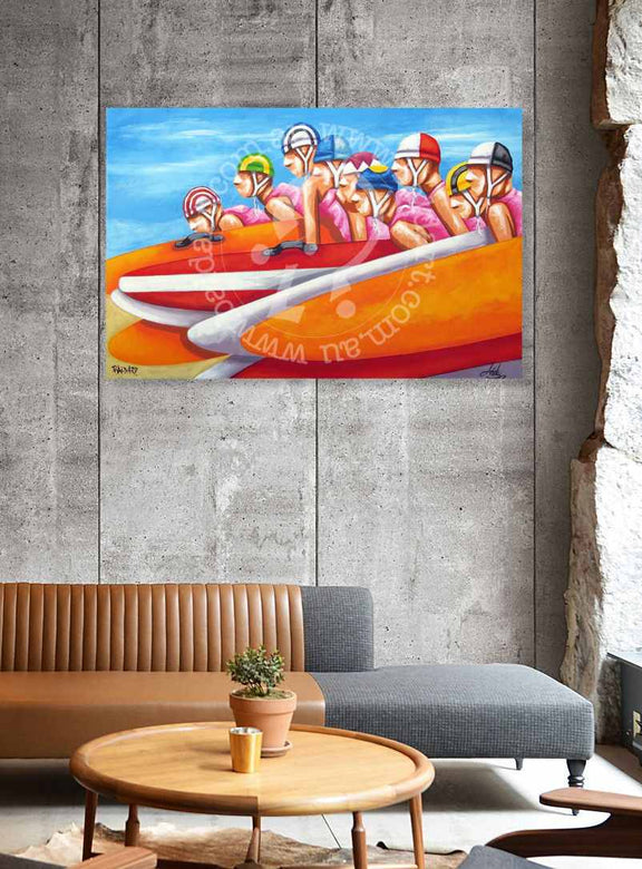 Colorful painting of a boat with people on a gray wall above a modern living room setup.