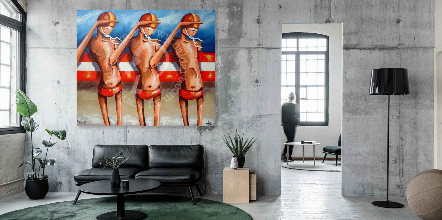 Modern living room with a large abstract painting of three figures on a wall.