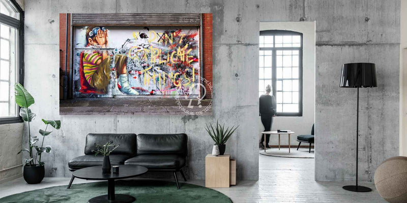 Modern living room with abstract art on the wall