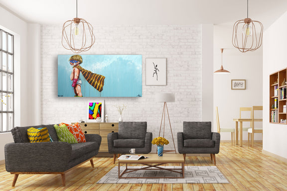 A bright living room showcasing a large painting on the wall, complemented by stylish furniture and warm lighting.