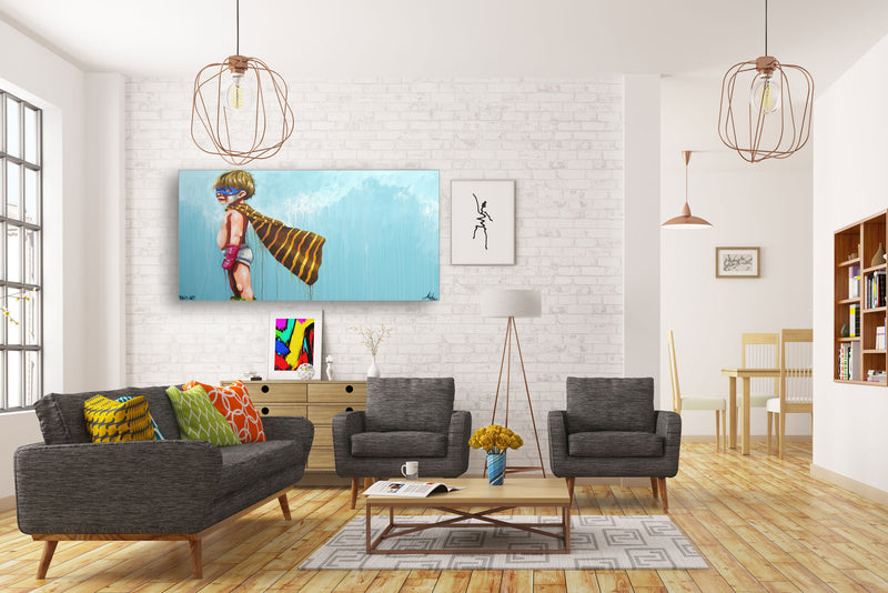 A bright living room showcasing a large painting on the wall, complemented by stylish furniture and warm lighting.