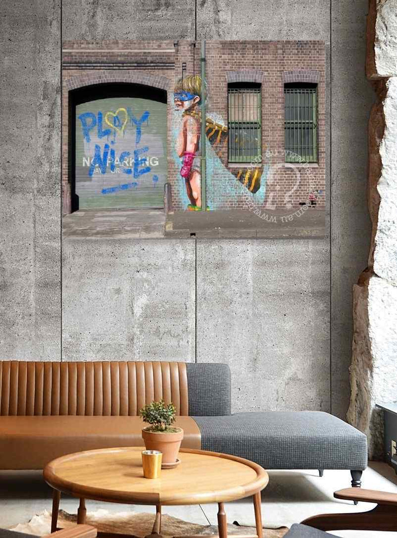 Modern interior with a concrete wall, brown sofa, gray chair, and wooden coffee table.