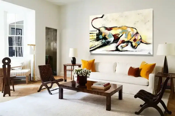 Living room with a large abstract painting of a dog on the wall.