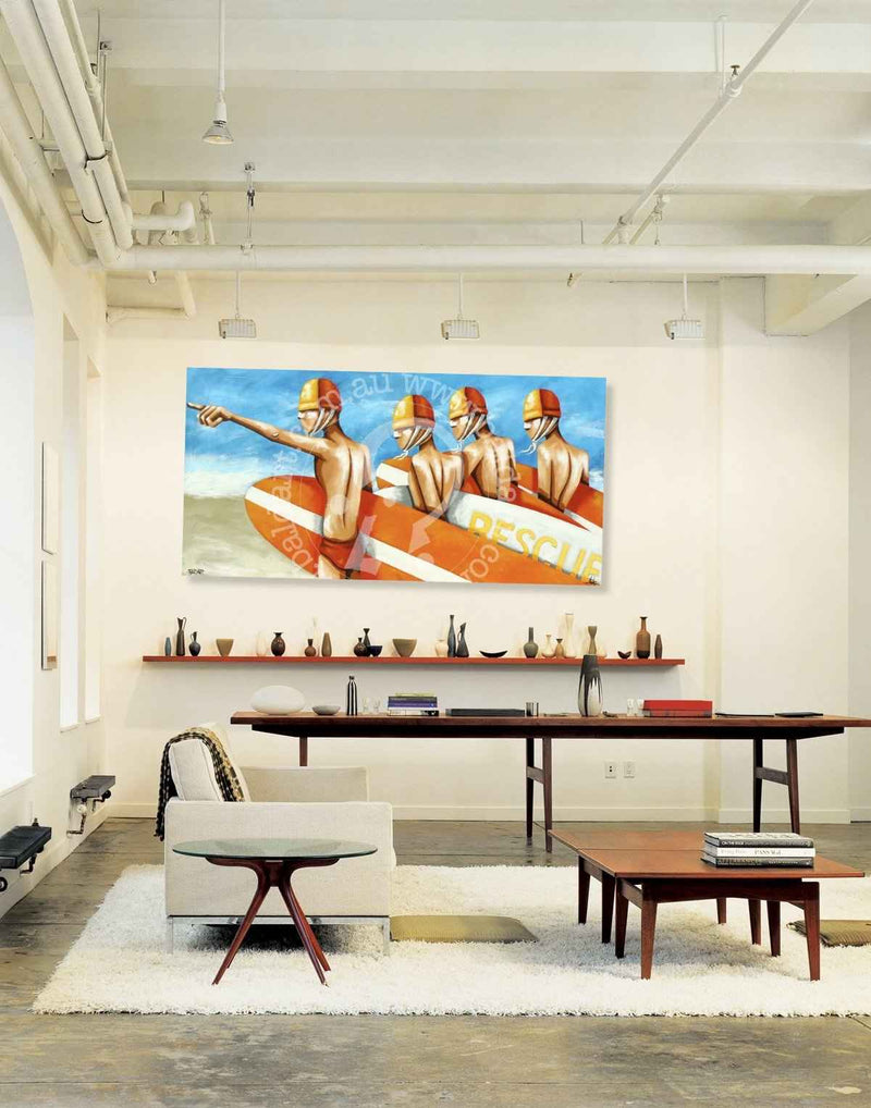 Modern interior with a large wall art piece of surfers on a board.